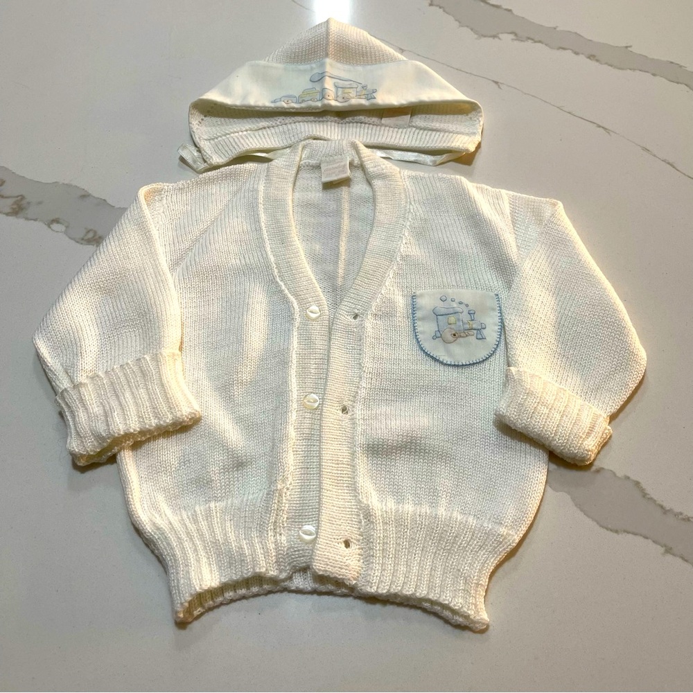 Vintage Auraluz Cardigan with train detailing on hat & pocket, 100%, hand made.